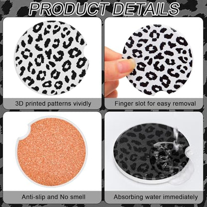 Boao 4 Pcs Leopard Car Cupholder Coasters for Valentine's Day, Ceramic Coasters 2.56'' Anti Slip Base with Finger Notch for Dry Clean, Car Interior Accessories, Birthday Gifts - style: Leopard