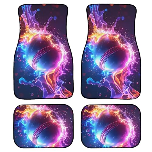 Baseball Print Car Floor Mats Set of 4 Sport Fire Ball Universal Vehicle Floor Carpet Decorative Auto Front Rear Foot Rugs for Trucks SUV Sedan - color: Purple and White