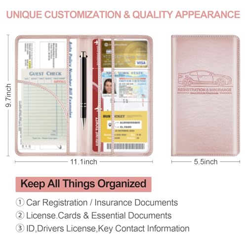 PLOJOP Car Registration and Insurance Card Holder, Leather Vehicle Insurance Card Holder Glove Box Compartment Organizer, Car Wallet Case for License Cards, ID Card, Business Card (Rose gold, L) - color: Rose gold