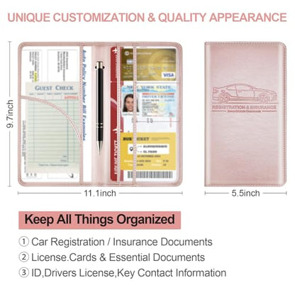 PLOJOP Car Registration and Insurance Card Holder, Leather Vehicle Insurance Card Holder Glove Box Compartment Organizer, Car Wallet Case for License Cards, ID Card, Business Card (Rose gold, L) - color: Rose gold
