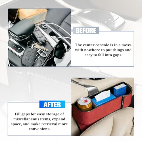 Car Seat Gap Filler Organizer with Cup Holder Expander, Leather Console Seam Filler Storage Box, Auto Front Seat Gap Organizer for Phones Keys Glasses, Universal Fit (Wine Red Passenger)