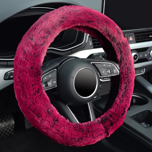 KAFEEK Frost Fluffy Microfiber Plush Steering Wheel Cover for Winter Warm, Universal 15 inch Soft Fuzzy Steering Wheel Cover, Brilliant Red - color: red, size: Standard Size[14 1/2''-15'']