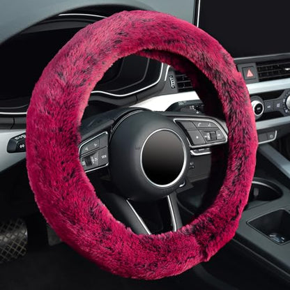 KAFEEK Frost Fluffy Microfiber Plush Steering Wheel Cover for Winter Warm, Universal 15 inch Soft Fuzzy Steering Wheel Cover, Brilliant Red - color: red, size: Standard Size[14 1/2''-15'']