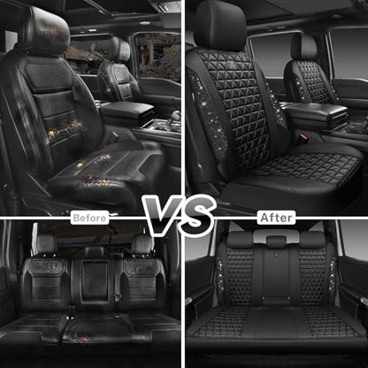 CAR PASS Bling Diamond Black Leather Car Seat Covers Full Sets Interior Sets, Waterproof Shining Glitter Sparkly Crystal Universal Armrest Fit Automotive Truck SUV Cute Women Girl, Black PU Rhinestone - color: Black Rhinestone, size: Full Set