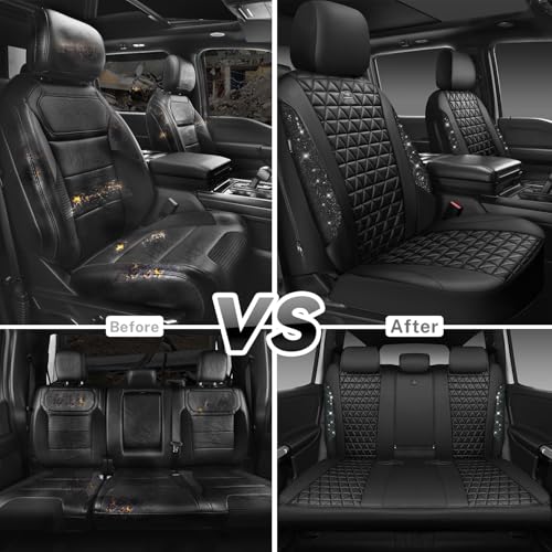 CAR PASS Bling Diamond Black Leather Car Seat Covers Full Sets Interior Sets, Waterproof Shining Glitter Sparkly Crystal Universal Armrest Fit Automotive Truck SUV Cute Women Girl, Black PU Rhinestone - color: Black Rhinestone, size: Full Set