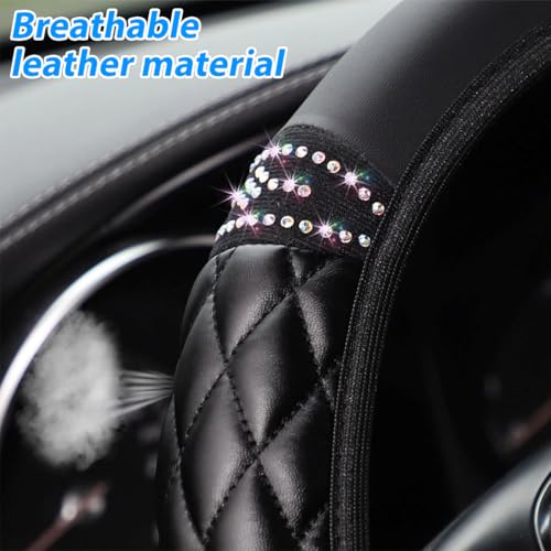 Bling Car Steering Wheel Cover, 14.5-15inch Sheepskin Crystal Rhinestones Elastic Vehicle Steering Wheel Protector, Auto Interior Accessories, Universal for SUV Sedan Truck (Black)