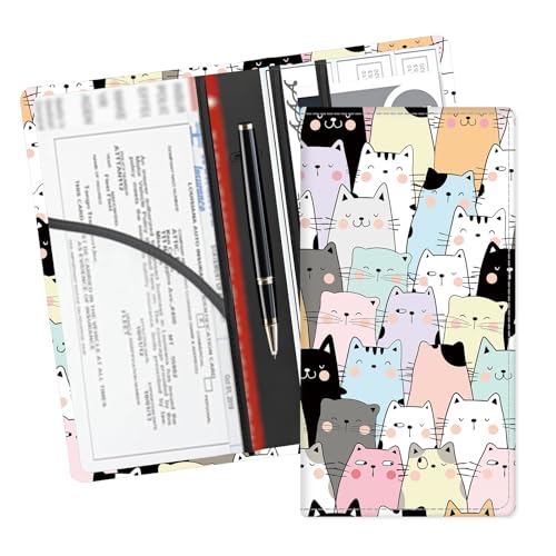 Leather Car Registration and Insurance Card Holder, Cute Car Accessories Vehicle Glove Box Car Organizer for Documents, Cards, License Colorful Cartoon Cats - color: Colorful Cartoon Cats