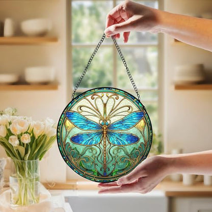 Blue Dragonfly Stained Glass Window Hanging, Dragonfly Suncatcher, Inset and Plant Suncatchers Sun Catchers Indoor Window Glass Wall Art Decor for Women Mom Grandma, 7.9x7.9in