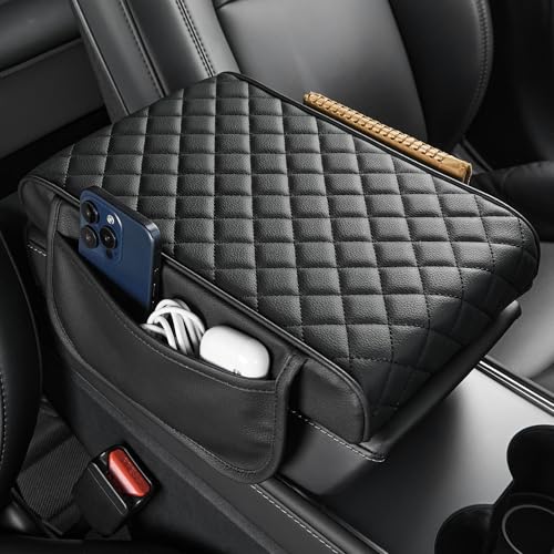 JOYTUTUS Center Console Cover for SUV Sedan, Thick Arm Rest Pad with Storage Bag Leather Middle Console Protector, ‎12.6" x 7.8" x 2.16" - color: Black, size: 12.6" x 7.8" x 2.16"