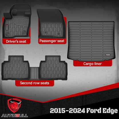Floor Mats & Cargo Liner Compatible with 2015-2024 Ford Edge Cargo Mat, Full Set All Weather Protection 1st, 2nd Row Car Liners & Trunk Mat, Black - style: Ford Edge 2015-2024