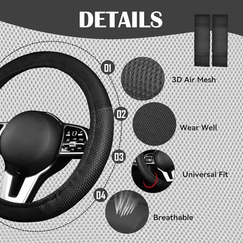 CAR PASS Universal 13PCS 3D Air Mesh Car Seat Covers -100% Breathable Seat Covers Full Sets Steering Wheel and Belt Cover Airbag and Rear Split Bench Compatible for Automotive SUV Truck (Pure Black) - color: Black, size: Full set
