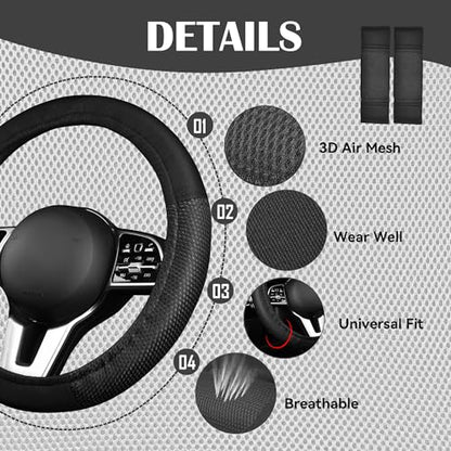 CAR PASS Universal 13PCS 3D Air Mesh Car Seat Covers -100% Breathable Seat Covers Full Sets Steering Wheel and Belt Cover Airbag and Rear Split Bench Compatible for Automotive SUV Truck (Pure Black) - color: Black, size: Full set