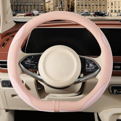 Nappa Leather Pink D Shape Steering Wheel Cover, Advanced Microfiber Leather Non-Slip Breathable Fabric, Warm in Winter and Cool in Summer, Universal 15 inch - color: Pink, size: D Shape-M[14.5''-15'']