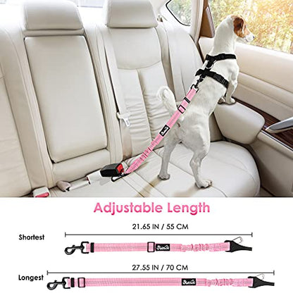 SlowTon Dog Seat Belt for Car, Adjustable 3 in 1 Dog Seatbelt with Elastic Bungee Buffer, Nylon Heavy Duty Dog Car Harness Reflective Safety Tether Leash with Latch Hook Clip Pink - color: Pink