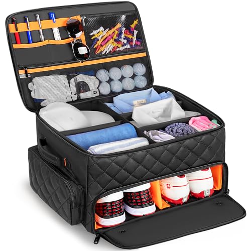 2 Layer Golf Trunk Organizer, Golf Car Storage Organizer with Individual Ventilated Compartment for 2 Pairs Shoes, Golf Car Locker for Balls, Clothes, Tees, Gloves, Accessories (Black)