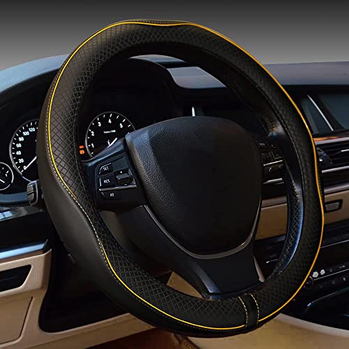 Gomass Car Steering Wheel Cover, Anti-Slip, Safety, Soft, Breathable, Heavy Duty, Thick, Full Surround, Sports Style (Black with Yellow Line) - color: Black with Yellow Line
