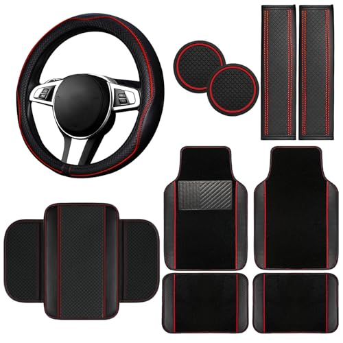 NBTEPEM 10 Pcs Car Floor Mats Full Set Car Accessories, Microfiber Leather Steering Wheel Covers 14.5-15 inch, Center Console Cover, Seat Belt Pads, Cup Coasters, Universal Interior Decor(Red) - color: Red Line, size: Car Floor Mats Set