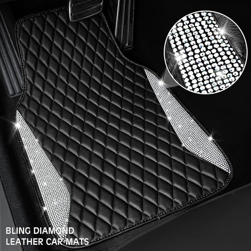 CAR PASS Bling Leather Car Mats Shining Diamond Floor Mats Crystal Rhinestone Sparkly Glitter Carpet Anti-Slip Waterproof Pad Universal Fit Automotive SUV, Sedan, Van, 5pcs Girl Women, Black Silver - color: Black Leather White Diamond