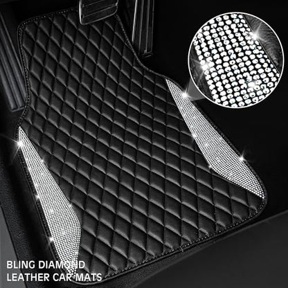 CAR PASS Bling Leather Car Mats Shining Diamond Floor Mats Crystal Rhinestone Sparkly Glitter Carpet Anti-Slip Waterproof Pad Universal Fit Automotive SUV, Sedan, Van, 5pcs Girl Women, Black Silver - color: Black Leather White Diamond