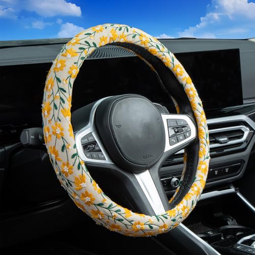 Embroidered Flowers Cute Yellow Daisy Steering Wheel Cover Auto Anti-Slip Breathable Rubber Steering Wheel Protector,Floral Car Accessories for Women,Universal Size Fit Most Cars -15 inch - color: Daisy White Yellow Rubber