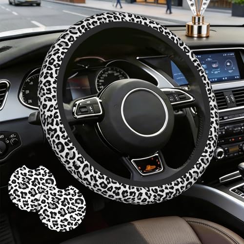 Leopard Steering Wheel Cover,Cheetah Print 2 PCS Car Coasters Leopard 14.5-15 Inch Neoprene Steering Wheel Cover,Anti-Slip Breathable Car Accessories Fits Auto Interior Decor - color: Leopard