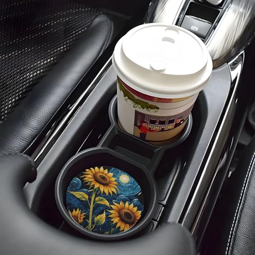 Sunflower Starry Sky Oil Painting Absorbent Ceramic Car Coasters for Cup Holders, 2.56" Anti Slip Insert Cup Coasters for Women Men (2 PCS) - color: Sunflower Starry Sky Oil Painting