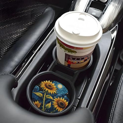 Sunflower Starry Sky Oil Painting Absorbent Ceramic Car Coasters for Cup Holders, 2.56" Anti Slip Insert Cup Coasters for Women Men (2 PCS) - color: Sunflower Starry Sky Oil Painting