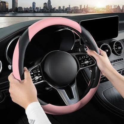 Car Steering Wheel Cover, Microfiber Leather Steering Wheel Cover Universal Fit 14.5-15 inch Anti-Slip Comfortable Breathable Car Wheel Protector for Men Women,Pink - color: Pink