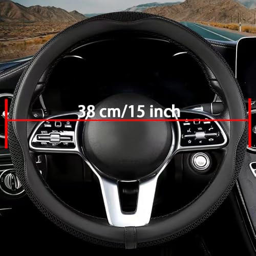 38cm Car Steering Wheel Cover, Universal 15 inch, Microfiber Breathable Ice Silk,Warm in Winter and Cool in Summer, Anti-Slip, Odorless, Easy to Install - color: BLACK
