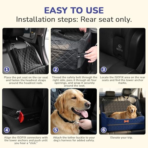 Dog Car Seat for Medium Large Dogs, 4" Elevated Dog Booster Seat with ISOFIX Safety Fixation, Washable Cover & High Density Memory Foam, Portable for Car Front/Rear/Trunk Home Outdoor Use (Navy Blue) - color: Navy Blue, size: Large
