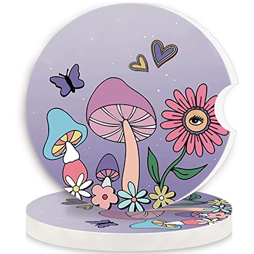 Car Coasters 2 Pack,2.56" Ceramic Stone Car Cupholder Absorbent Coaster Set for Women Men Drink Cup Holder Coasters Car Accessories(Skull Sunflowers) (Purple Mushroom) - color: Purple Mushroom