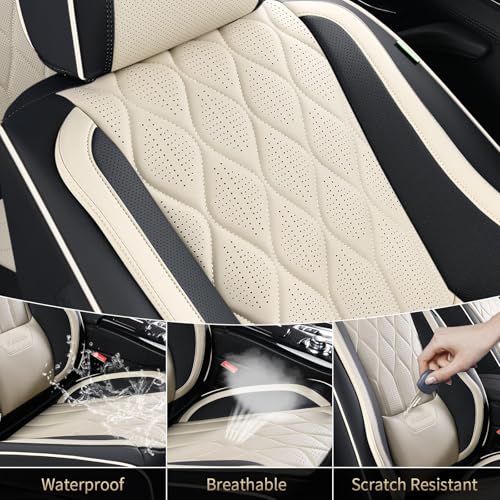 Leather Seat Cover Front Seats Automotive Car Seat Covers Front Seat Cover Waterproof Car Seat Protector with Lumbar Support 2 Pack Universal Fit for Most Cars Sedans Trucks SUV, Black&Beige