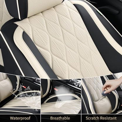 Leather Seat Cover Front Seats Automotive Car Seat Covers Front Seat Cover Waterproof Car Seat Protector with Lumbar Support 2 Pack Universal Fit for Most Cars Sedans Trucks SUV, Black&Beige