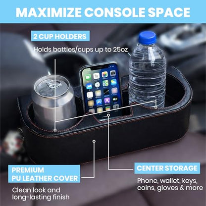 Car Cup Holder, Auto Front Seat Cup Holder, PU Leather Cover Cup Drink Holder, Car Seat Gap Filler Organizer, Side Cup Holder for Car Coin Bucket, Cell Mobile Phone Holder, Black