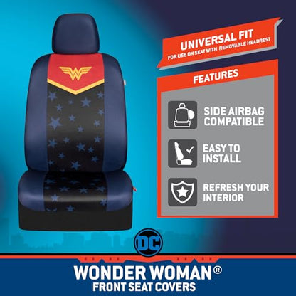 Warner Bros DC Comics Wonder Woman Car Accessories Seat Covers - Front Pair Includes Removable Head Cover, Matching Seat Belt Pads, Side Airbag Compatible, Universal Fit, Waterproof - size: 2 Front, style: Wonder Woman