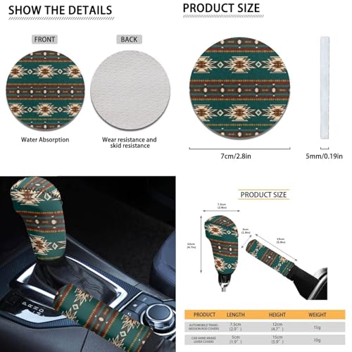 Dreaweet Navajo Seat Covers for Cars Trucks SUV,Green Southwestern Native American Seat Covers with Steering Wheel Cover,Seatbelt Cover,Armrest Pad,Cup Holder,Gear Shift Knob Handbrake Cover,Set of 12 - color: Navajo Green