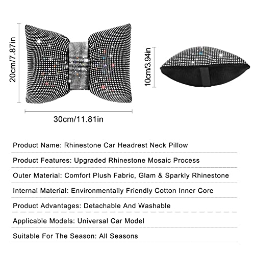 surpassme 2PCS Rhinestone Car Headrest Neck Pillow for Driving with Bling Bling Crystal Bow Pillow Car Accessories for Women (Silver/White)