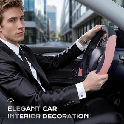 Coverado Car Steering Wheel Cover, Nappa Leather Black & Pink Steering Wheel Covers for Women, Universal 14-15 inch, Anti-Slip, Breathable Steering Wheel Protector - color: B-BlackPink