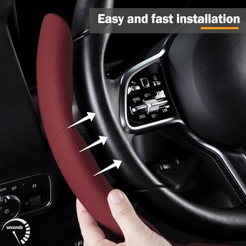 Car Steering Wheel Cover Leather Snap On 3Pcs Set Non-Slip Protector Wrap Steering Wheel Accessories 14.5-15 inch Universal Wine Red - color: Wine Red