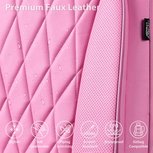 CAR PASS Piping Luxury Leather Two Front Car Seat Covers, Cute Girly Waterproof Anti Slip Seat Covers Compatible with Front Seat Armrests,Universal Fit for Suvs,Vans,Trucks,Airbag Compatible(All Pink) - color: All Pink, size: Two Front