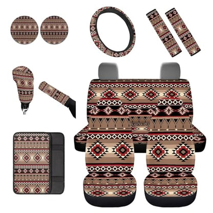 Dreaweet Native American Car Seat Covers Full Set Southwestern Aztec Navajo Seat Covers with Steering Wheel Cover/Armrest Cover/Seatbelt Covers/Car Coasters/Gear Shift Cover/Handbrake Cover - color: Native American
