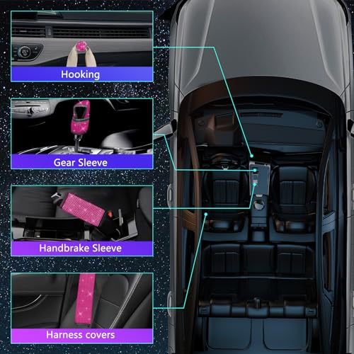 25PCS Bling Car Car Accessories Set,15 Inch Steering Wheel Cover,Shiny License Plate Frame,Center Console Cover and Rearview Mirror Set and Other Car Accessories(Rose Pink) - color: Rose Pink