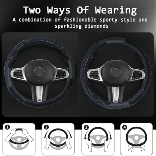 Bling Leather Steering Wheel Cover, Diamond Crystal Rhinestones Sparkly Steering Wheel Protector for Women Girls Soft Breathable Non-Slip Universal Fit 15" Car Accessories - Black - color: Black