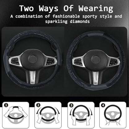 Bling Leather Steering Wheel Cover, Diamond Crystal Rhinestones Sparkly Steering Wheel Protector for Women Girls Soft Breathable Non-Slip Universal Fit 15" Car Accessories - Black - color: Black