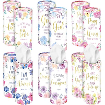 Outus 12 Pcs Floral Christian Car Tissues Cylinder Holder with 3 Ply Facial Tissue Bulk Inspirational Bible Verse Tissue Holder Flower Religious Travel Tissues Boxes Container for Car Cup Home Office - style: Flowers
