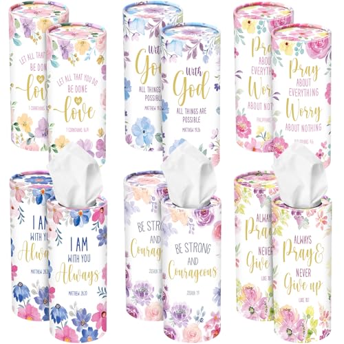 Outus 12 Pcs Floral Christian Car Tissues Cylinder Holder with 3 Ply Facial Tissue Bulk Inspirational Bible Verse Tissue Holder Flower Religious Travel Tissues Boxes Container for Car Cup Home Office - style: Flowers