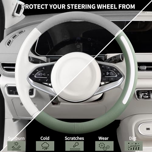 Steering Wheel Cover, Universal 15 inch, Faux Leather Steering Wheel Protector Anti-Slip, Breathable & Heating-Compatible for Cars Trucks SUVs Vans - color: Green