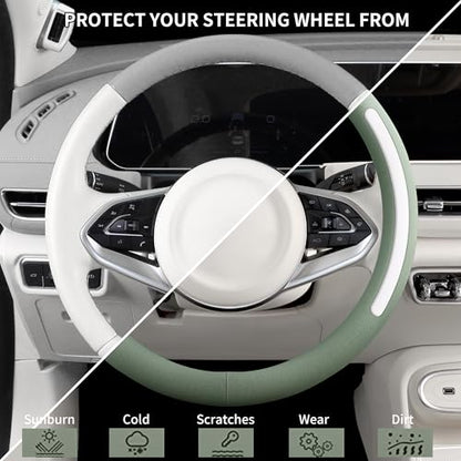 Steering Wheel Cover, Universal 15 inch, Faux Leather Steering Wheel Protector Anti-Slip, Breathable & Heating-Compatible for Cars Trucks SUVs Vans - color: Green