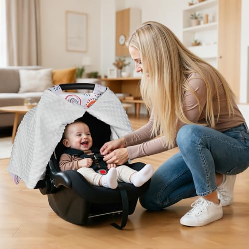 Car Seat Cover Baby, Carseat Covers Baby Girl, Winter Infant Car Seat Cover, Warm Minky Car Seat Canopy, Baby Carrier Cover with Peekaboo Opening, Multi Use Nursing Cover & Toddler Blanket