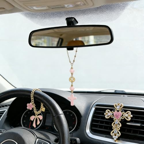 3 Pcs Christian Car Accessories for Women - Rear View Mirror Cross, Steering Wheel Rosary Charm & Air Vent Clip - Cute Girly Bling Car Decor (Pink)